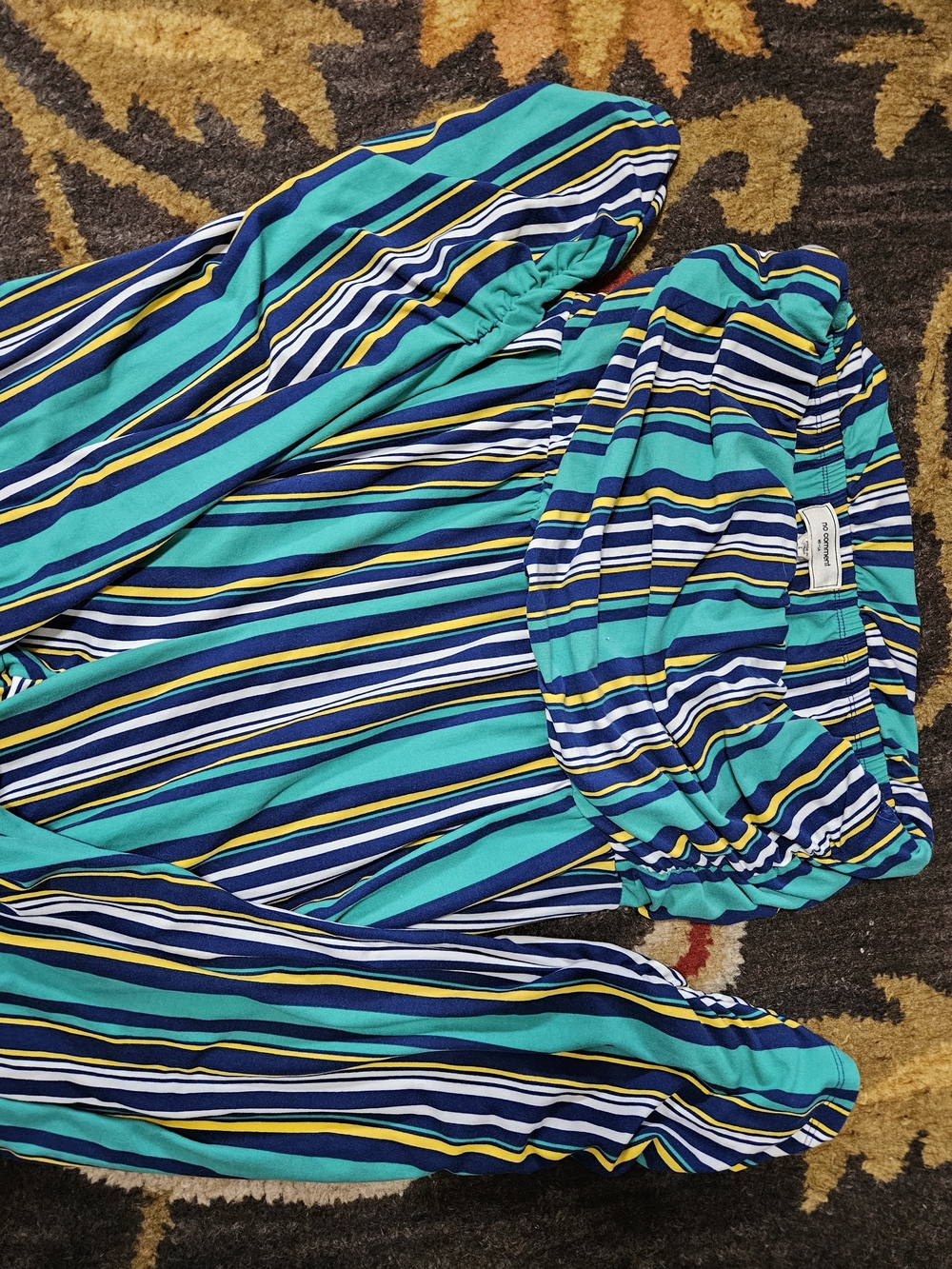 Striped Teal and Navy Off-Shoulder Jumpsuit